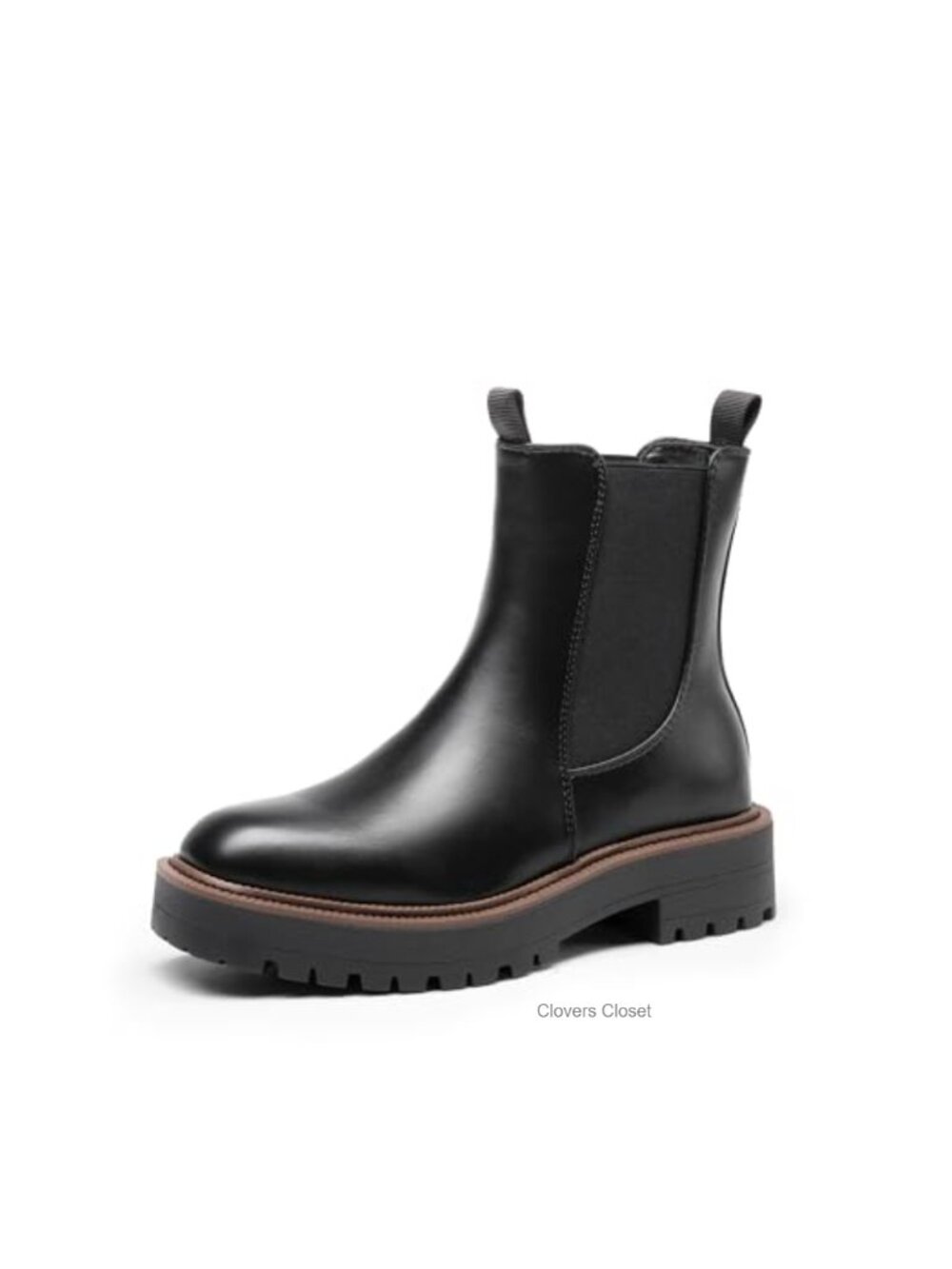 Faux Leather Chelsea Ankle Boots Low Chunky Heel Slip On Lug Sole